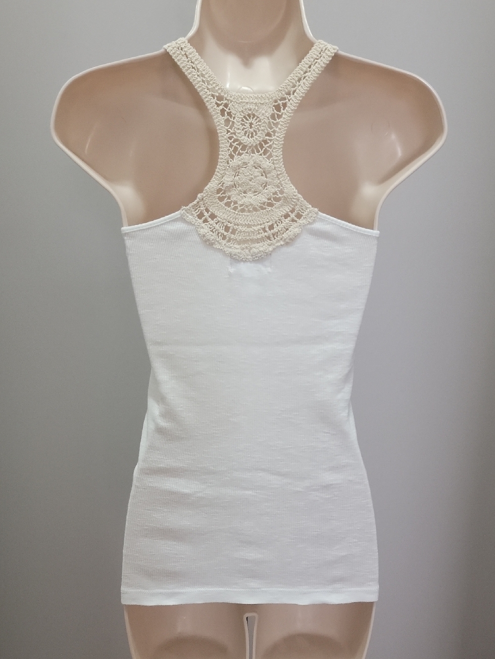 Boho Crochet Racerback Ribbed White Tank Top Sz S